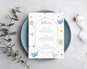 Hanukkah Menu Template | Watercolor | Editable Canva Menu | Jewish Holiday Party Printable | Matching Invitation Available
