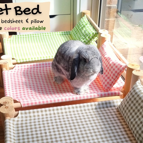 Rabbit Bunny Pet Bed, Wooden Bed with Pillow and Bedsheet Set, Multi Colour, Eco friendly, Cat, Small Dog, Pet Lover Gift Idea