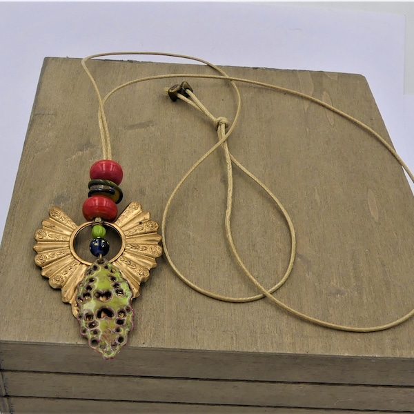 Long necklace necklace, beige cotton cord, spun glass, artisanal, enamelled copper, aged golden brass pendant, handmade, women's gift