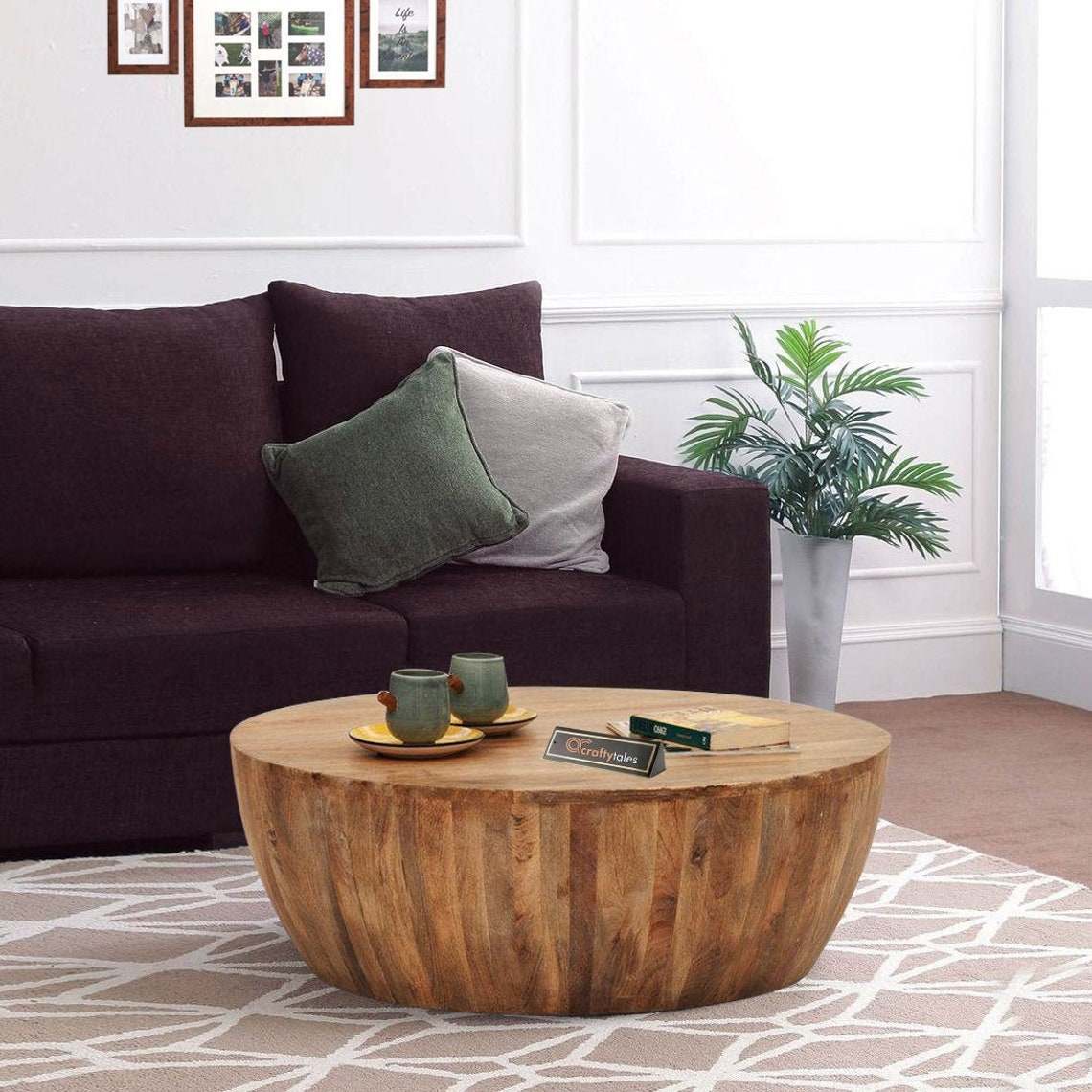 Mango Wood Drum Coffee Table Wooden Round Coffee Table Etsy