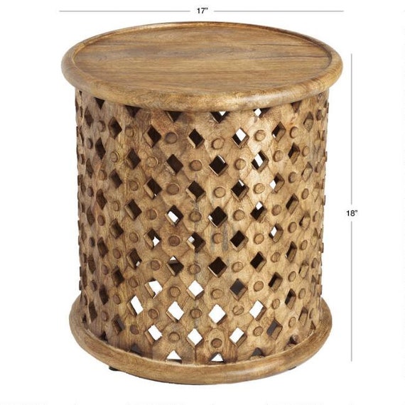 Round Lattice Carved Wood Accent Table Home Decor Table Etsy