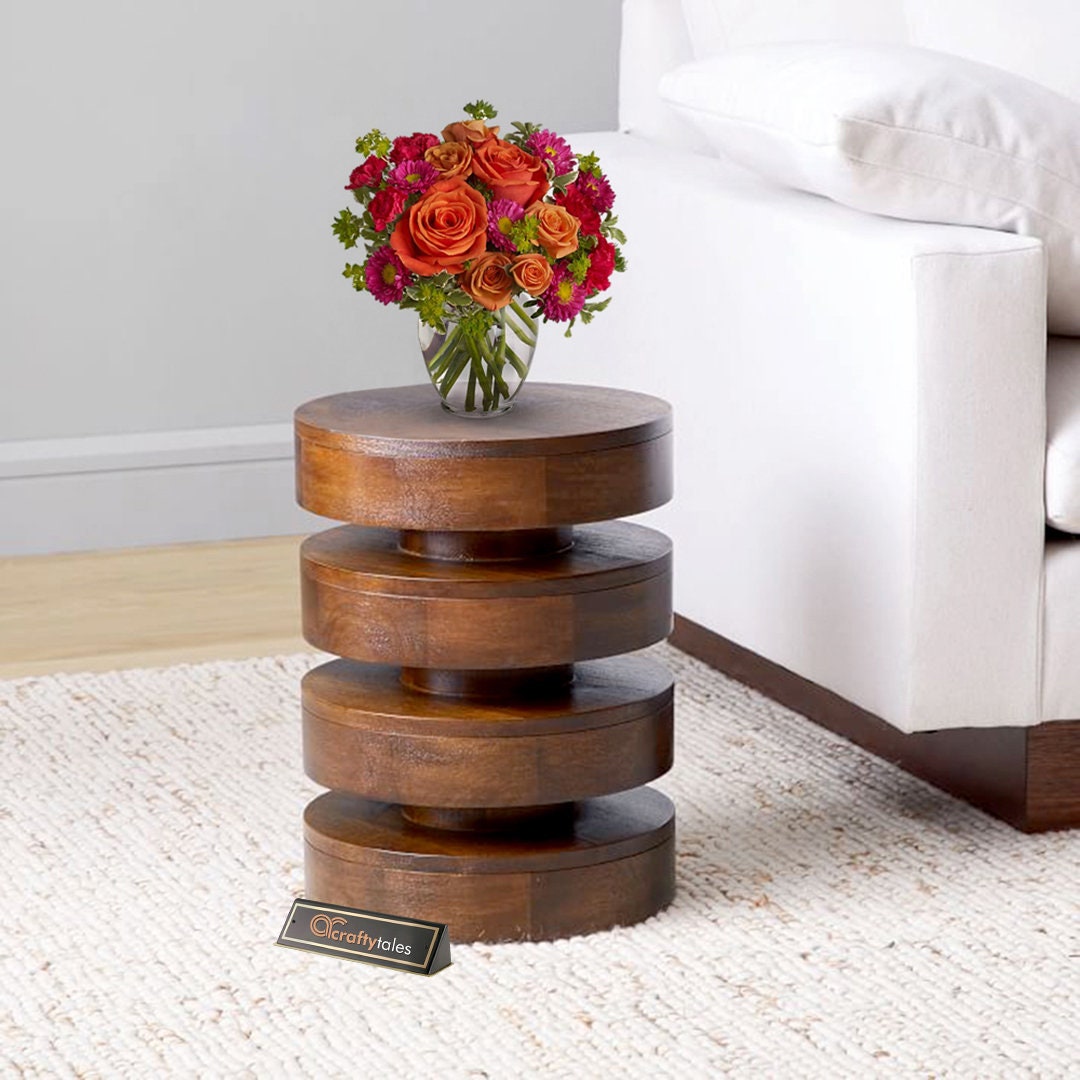 Floating Disks Side Table Dark Walnut End Table Wood Etsy