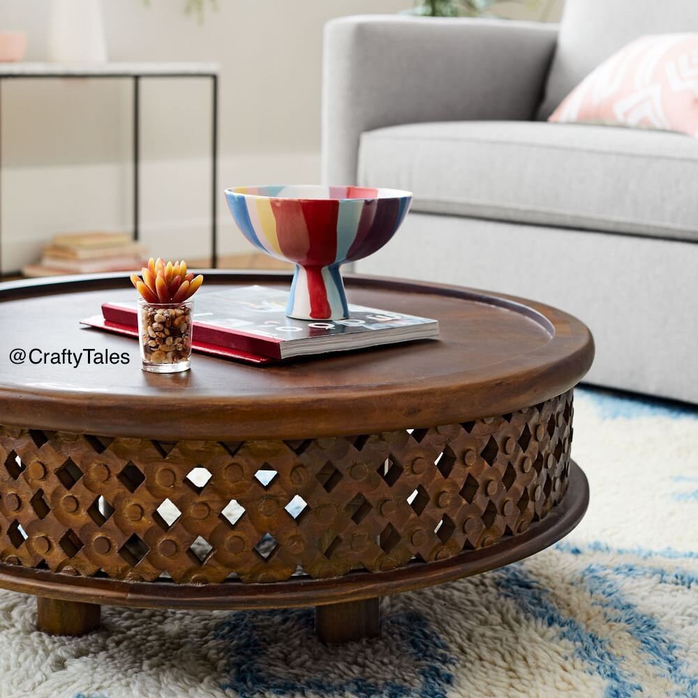 Round lattice carved online wood accent table