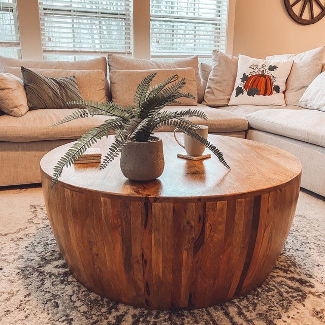 Wooden Indian Hammer Brass Punched Round Coffee Table, Handmade Drum Style  Side Central Table, Solid Brass Home Decor Coffee Table 