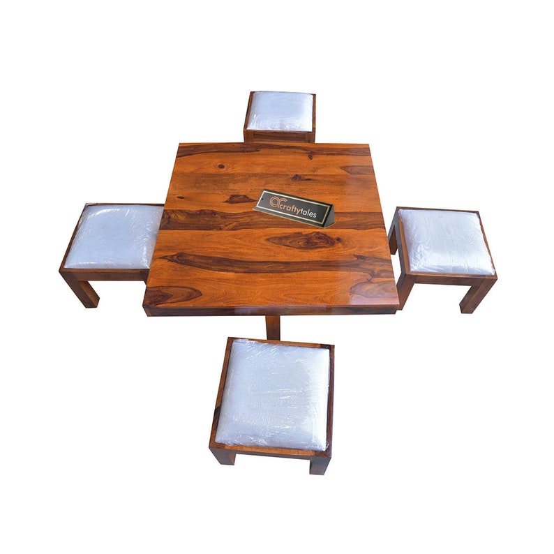 Solid Wood Coffee Table With 04 Stools for Living Room and Etsy