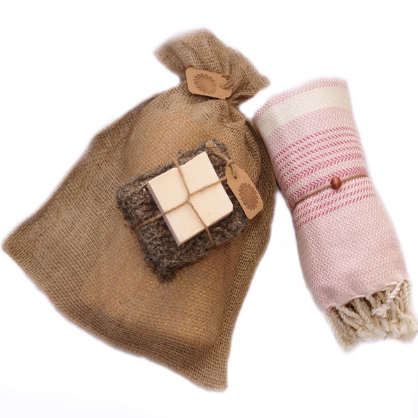 Handmade Spa Kit - Tricolor Pink | Gift | Gift Set | Cadeau | Hamamdoek | Hammam Towel | Spa Kit