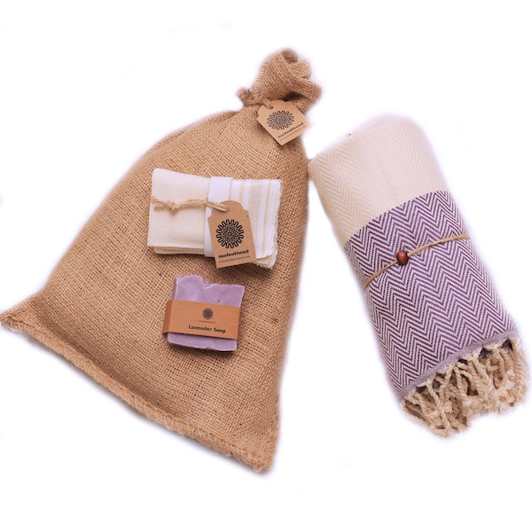 Handmade Spa Kit - Herringbone Purple | Gift | Gift Set | Cadeau | Hamamdoek | Hammam Towel | Bath & Body | Turkish Towel