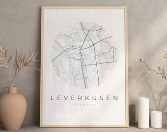 Cartel del mapa de Leverkusen, cartel fotográfico de Leverkusen, impresión de mapas de Leverkusen, cartel de Leverkusen, coordenadas de Leverkusen, regalo de Leverkusen
