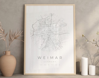 Cartel del mapa de Weimar, minimalista de Weimar, impresión de mapas de Weimar, cartel de Weimar, coordenadas de Weimar, regalo de cumpleaños de Weimar, Weimar