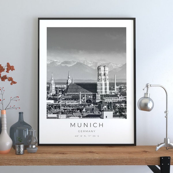 München Poster, München Druck, München Vintage Poster, München Schwarz Weiß, München Koordinaten, München Geschenk
