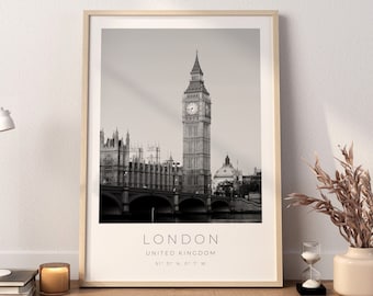 London Print, London Vintage Poster, London Poster, London Wall Art, London Black and White, London Coordinates, Big Ben Poster