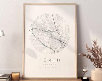 Cartel del mapa de Fürth, cartel minimalista de Fürth, impresión de mapa de Fürth, cartel de Fürth, coordenadas de Fürth, regalo de Fürth, foto de Fürth