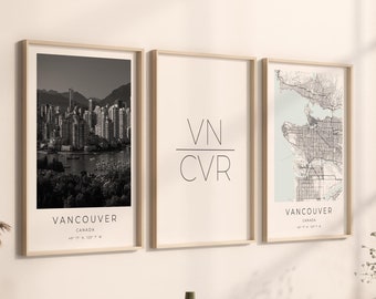 Juego de 3 pósteres de Vancouver, juego de fotografías de Vancouver, regalo de Vancouver, póster de Vancouver, póster de mapa de Vancouver, coordenadas de Vancouver, juego de Vancouver