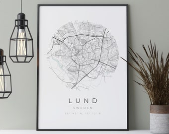 Lund Map Poster, Lund Minimalist, Lund Map Print, Lund Poster, Lund Coordinates, Lund Birthday Gift, Poster Lund