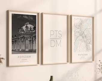 Juego de 3 pósteres de Potsdam, juego de fotografías de Potsdam, regalo de Potsdam, póster de Potsdam, póster de mapa de Potsdam, coordenadas de Potsdam, juego de impresiones de Potsdam