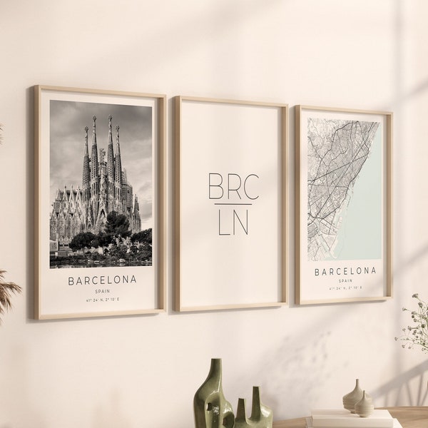 Barcelona Poster 3er Set, Barcelona Foto Set, Barcelona Geschenk, Barcelona Set, Barcelona Map Poster, Barcelona Dekoration