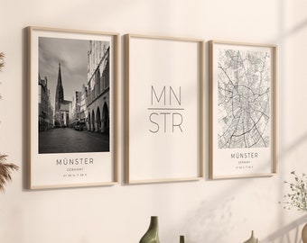 Juego de 3 pósteres de Münster, juego de fotografías de Münster, regalo de Münster, póster de Münster, póster con mapa de Münster, coordenadas de Münster, juego de impresiones de Münster