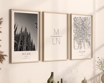 Milan Poster Set of 3, Milan Photo Set, Milan Gift, Milan Poster, Milan Map Poster, Milan Coordinates, Milan Set