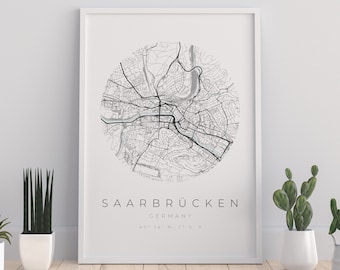 Saarbrücken Map Poster, Saarbrücken Minimalistisch, Saarbrücken Poster, Saarbrücken Koordinaten, Saarbrücken Geschenk