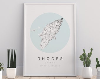 Rhodos Map Poster, Rhodos Minimalist, Rhodos Map Print, Rhodos Poster, Rhodos Coordinates, Rhodos Gift, Rhodos