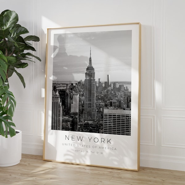 New York Poster, New York Vintage Poster, New York Skyline, New York Schwarz Weiß, Empire State Building, New York Koordinaten