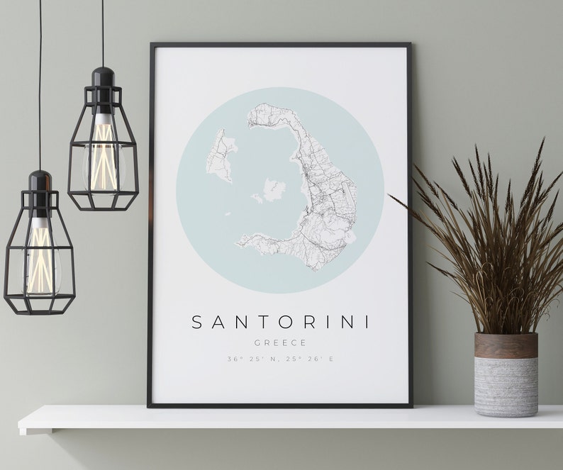 Cartel del mapa de Santorini, minimalista de Santorini, impresión de Santorini, cartel de Santorini, coordenadas de Santorini, regalo de Santorini imagen 4