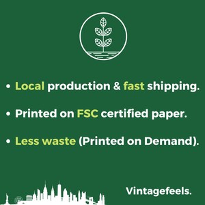 May include: Green background with a white outline of a plant with leaves and roots. The text "Local production & fast shipping." is in green text. The text "Printed on FSC certified paper." is in green text. The text "Less waste (Printed on Demand)." is in green text. The text "Vintagefeels." is in white text.