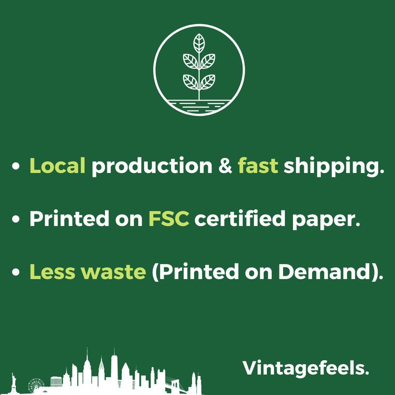 May include: Green background with a white outline of a plant with leaves and roots. The text "Local production & fast shipping." is in green text. The text "Printed on FSC certified paper." is in green text. The text "Less waste (Printed on Demand)." is in green text. The text "Vintagefeels." is in white text.