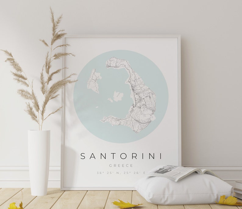 Cartel del mapa de Santorini, minimalista de Santorini, impresión de Santorini, cartel de Santorini, coordenadas de Santorini, regalo de Santorini imagen 3
