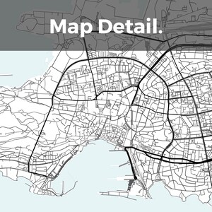 May include: A black and white map of a city with a large body of water in the lower left corner. The map shows streets, roads, and other features of the city. The text "Map Detail." is at the top of the image.