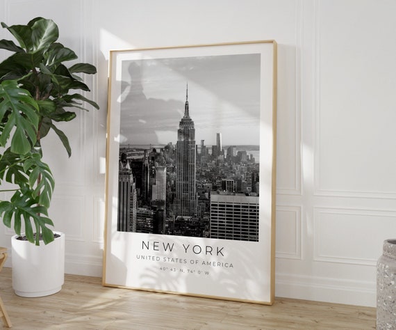 New York Print, New York Vintage Poster, New York Skyline, New York Black and White, Empire State Building, New York Coordinates