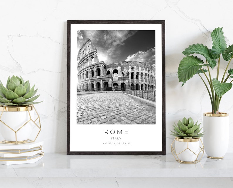 May include: Black and white photograph of the Colosseum in Rome, Italy. The photo is framed in a black frame and is displayed on a white surface with two potted plants.
