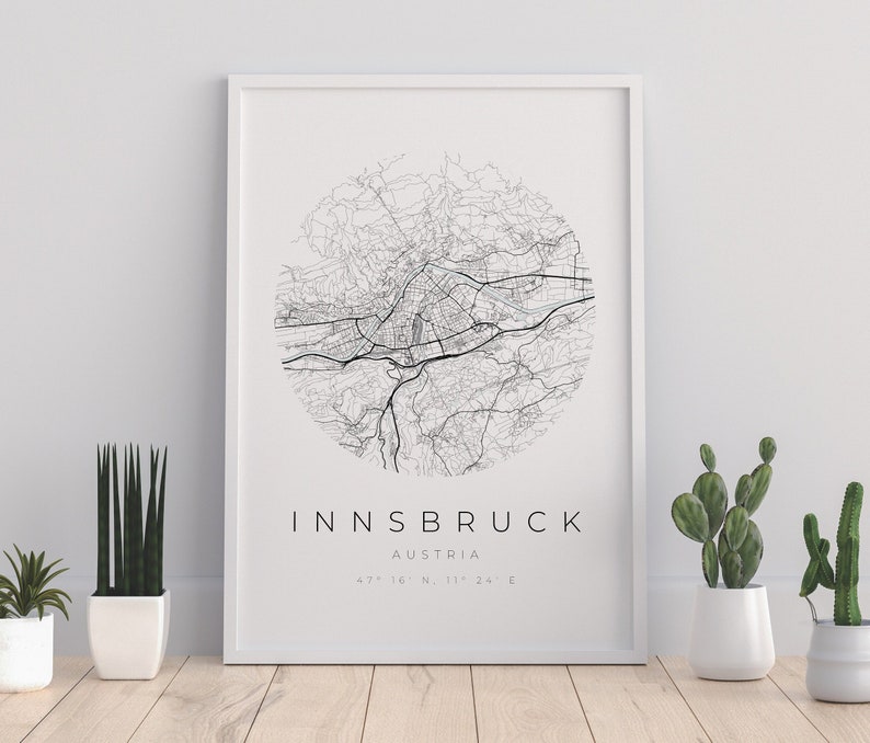 Cartel del mapa de Innsbruck, Minimalista de Innsbruck, Mapa de Innsbruck, Cartel de Innsbruck, Coordenadas de Innsbruck, Regalo de Innsbruck imagen 1