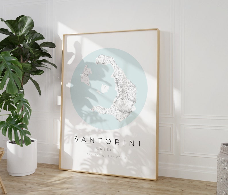 Cartel del mapa de Santorini, minimalista de Santorini, impresión de Santorini, cartel de Santorini, coordenadas de Santorini, regalo de Santorini imagen 1