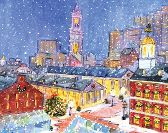 May include: A watercolor painting of a snowy city scene with a tall clock tower and a Christmas tree market. The text "$10.00 Christmas Trees" is visible in the foreground.