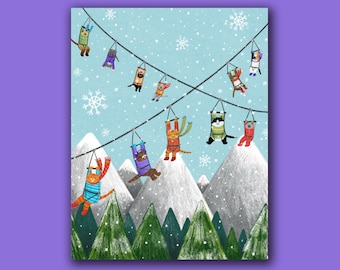 Puede incluir: Una ilustración caprichosa de gatos montando un telesilla en una montaña nevada. Los gatos llevan ropa de invierno colorida y se agarran al telesilla con sus patas. El fondo es una escena de montaña nevada con un cielo azul y nubes blancas.