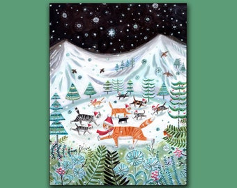 May include: A whimsical winter scene with a group of cats wearing Santa hats ice skating on a snowy mountain. The cats are surrounded by pine trees and snowflakes.