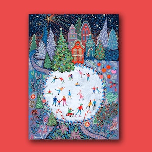 May include: A whimsical winter scene illustration featuring a skating rink surrounded by snow-covered trees and colorful buildings. People are ice skating in the center. The artwork has a festive, holiday theme with a starry night sky.
