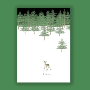 A deer fawn ventures out from a forest of trees. This holiday card supports Environmental Defense Fund.