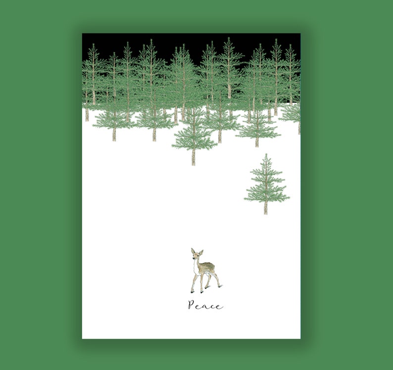 A deer fawn ventures out from a forest of trees. This holiday card supports Environmental Defense Fund.