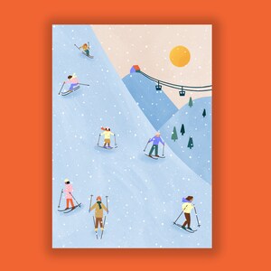 May include: An illustration of a snowy mountain scene with people skiing down a slope. The scene includes a ski lift, a small cabin, and a sun in the sky. The people are wearing colorful winter clothing and are skiing down the slope.