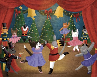 以下が含まれることがあります： クリスマスのステージで、バレリーナとナッツクラッカーに扮した猫たちが踊っている、お祝いのシーンです。ステージはクリスマスツリーとライトで飾られています。猫たちはカラフルな衣装を着て、優雅に踊っています。