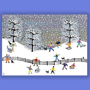 May include: A snowy winter scene with people sledding and playing in the snow. The illustration features a group of people in colorful clothing, trees, and snow falling from the sky.