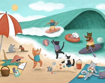 May include: A colorful illustration of cats enjoying a day at the beach.  Some cats are surfing, others are playing with a ball, and one is even reading a book.  The beach is sandy with a blue ocean and a large green wave in the background.