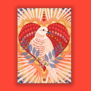 May include: A white dove with a red heart behind it. The heart is decorated with red and gold dots and has a leafy branch with berries coming out of it. The background is a yellow and white pattern.