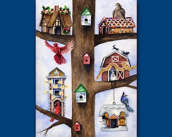 May include: Watercolor illustration of a tree with various birdhouses and birds. The birdhouses are decorated with holiday themes, including a gingerbread house, a barn with a sleigh, and a house with a snowman. A red cardinal and blue jays are perched on the branches.
