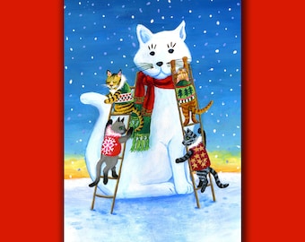 Puede incluir: Un gato blanco con una bufanda verde está rodeado de cuatro gatos más pequeños, todos con jerséis festivos. Los gatos más pequeños están subiendo escaleras para llegar al gato más grande.