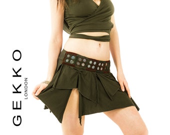 Square, multi-paneled miniskirt with embroidered with mirrors waist elasticated at the back.