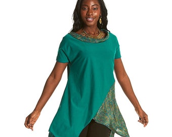 Pixie top, elf top, FESTIVAL TOP, fairy top, Cotton lycra and new sari fabric wide top with uneven hem.