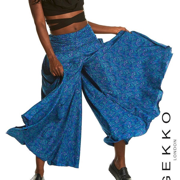 Very wide leg trousers made from new polyester saris.